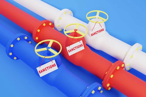 Oil or gas pipes painted in colors of Russian flag with closed valves due to sanctions. 3D render.