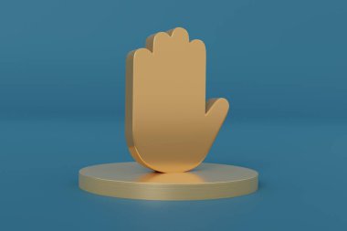 Golden raised hand on podium, voting symbol, in 3D space.