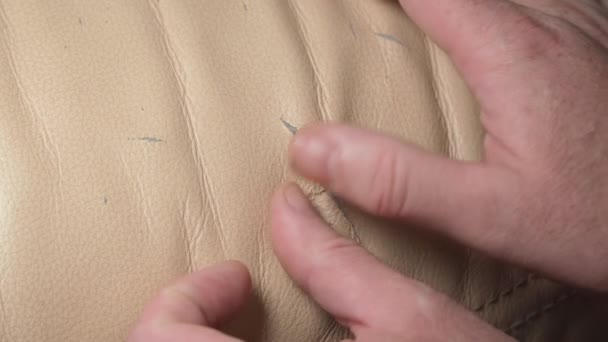 Hands Man Who Inspecting Damage Leather Upholstery Chair Sofa — Stock Video
