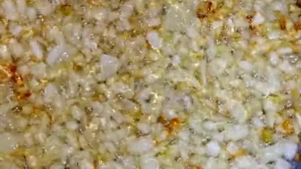 Дрібні Шматочки Цибулі Смажать Сковороді Олії — стокове відео