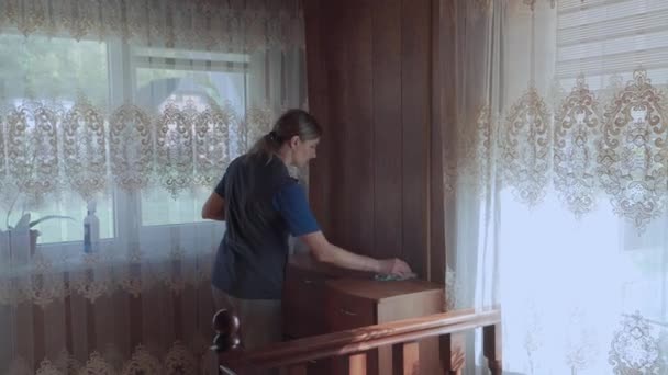 Kadın Hanımı Evdeki Tozları Siler Temizlik Yapar — Stok video