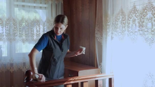 Woman Cleans House She Wipes Dust Rag — Stock Video