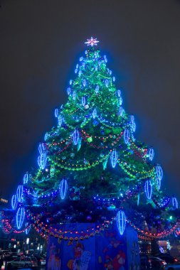 Moskova'da Bolşoy Tiyatrosu gece yeni yıl ağacı