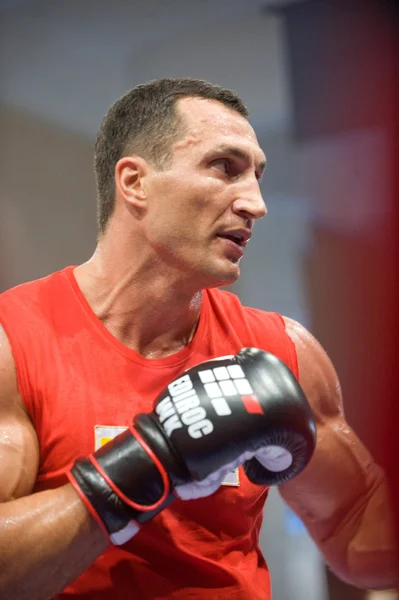 Ukrainska boxare vitali klitschko öppna träningspass innan kampen med den ryska boxare povetkin Stockbild