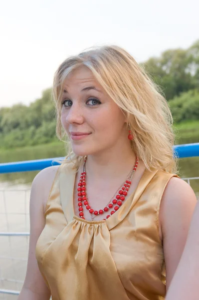 Happy surprised girl on the deck river ship — Stock Photo, Image