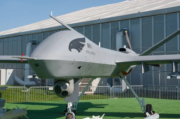 stock image Zhukovsky, RUSSIA - August 28, 2019: Chinese strike high-altitude military UAV Wing Loong II at the International Aviation and Space salon MAKS-2019, front view