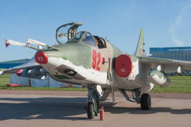 Zhukovsky, RUSSIA - 28 Ağustos 2019: Rus ve Sovyet zırhlı askeri saldırı uçağı Sukhoi Su-25SM3 