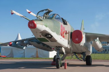 Zhukovsky, RUSSIA - 28 Ağustos 2019: Rus ve Sovyet zırhlı askeri saldırı uçağı Sukhoi Su-25SM3 