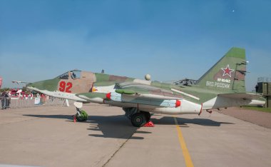 Zhukovsky, RUSSIA 29 Ağustos 2019: Rus ve Sovyet zırhlı ses altı askeri saldırı uçağı Sukhoi Su-25SM3 
