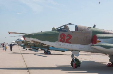 Zhukovsky, RUSSIA 29 Ağustos 2019: Rus zırhlı subsonik askeri saldırı uçağı Sukhoi Su-25SM3 