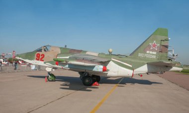 Zhukovsky, RUSSIA 29 Ağustos 2019: Rus zırhlı sualtı askeri saldırı uçağı Sukhoi Su-25SM3 