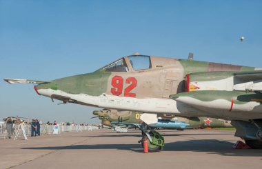 Zhukovsky, RUSSIA 29 Ağustos 2019: Rus ve Sovyet zırhlı ses altı askeri saldırı uçağı Sukhoi Su-25SM3 