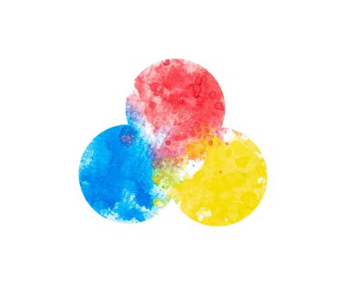 Sarı ve kırmızı suluboya renklerinin birincil renkleri beyaz arkaplana sıçrar ve düşer