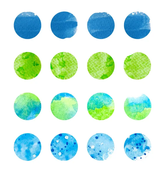 Hand Painted Watercolor Blue Green Circles Set Isolated White Background — Stock Photo, Image