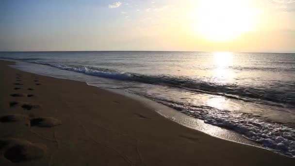 Uomo che cammina sulla spiaggia all'alba Filmato Stock