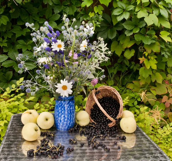 Natura morta bouquet di fiori selvatici con mele — Foto Stock