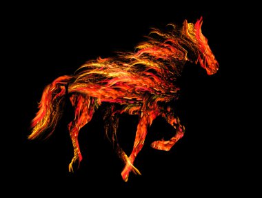 ateşli bir at, 2014 yılı - raster resim sembolü. Sarı ve kırmızı ateş at siluet siyah arka plan üzerine izole.