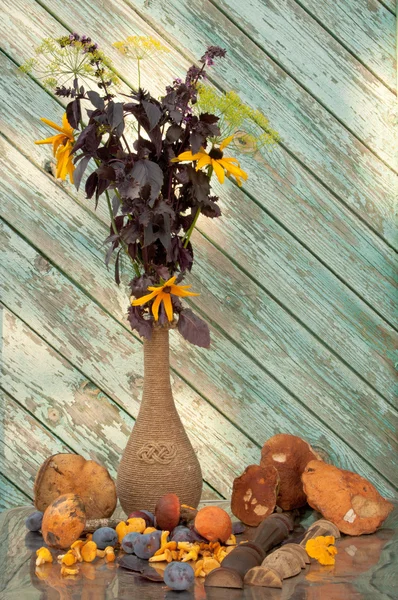 Flores de manjericão e cone em um vaso vintage com cogumelos ainda vida — Fotografia de Stock