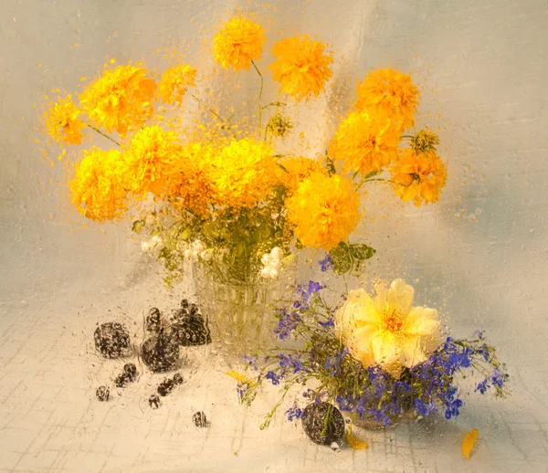 Stilleven van gele bloemen door natte glas op een regen — Stockfoto