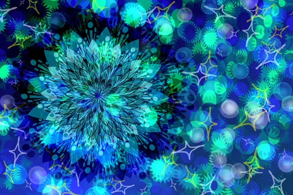 Синий праздник абстрактный цветочный фон с большим цветком и повторяющимися кругами и рисунками — стоковое фото