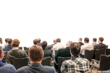 Beyaz - tasarım tanıtımı için izole iş konferans geri oturan insan siluetleri