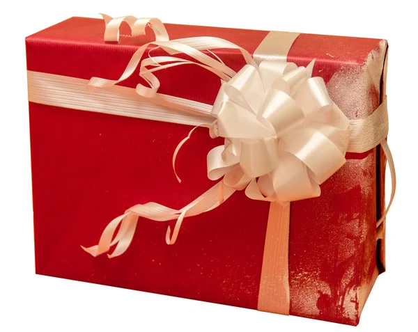 Red gift box with white ribbon bow isolated on white background — Stock Photo, Image