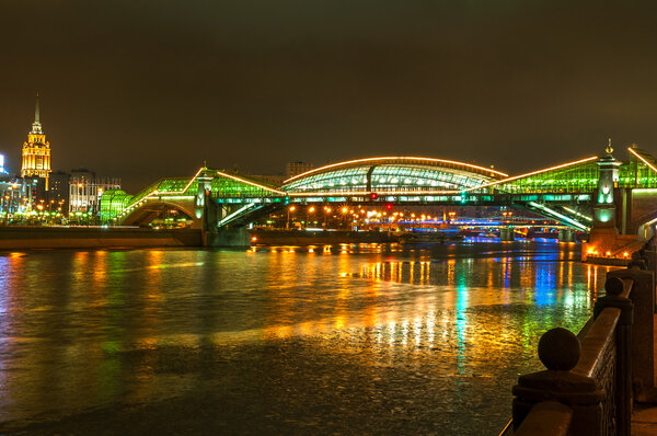 Bogdan Khmelnitsky bridge at night in Moscow. The beautiful pedestrian bridge across the Moscow River.