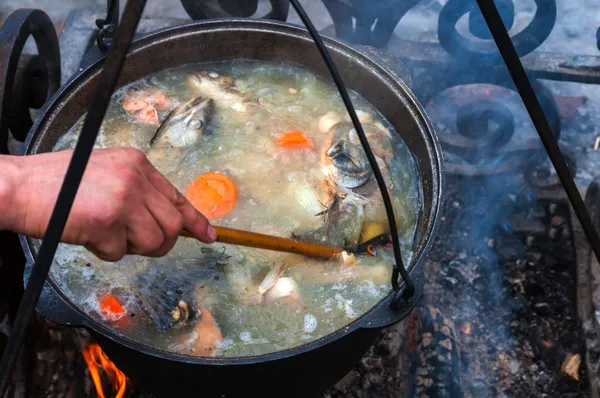 Cozinhar sopa de peixe em uma panela na lareira — Fotografia de Stock