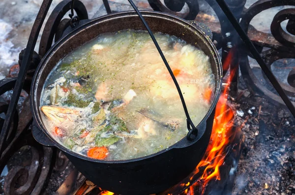 Cooking fish soup in a pot on the fireplace — Stock Photo, Image