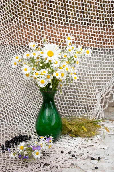 Chamomiles in a green vase still life — Stock Photo, Image