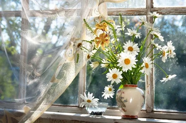 Chamomilie flowers bouquet on the window sill — Stock Photo, Image