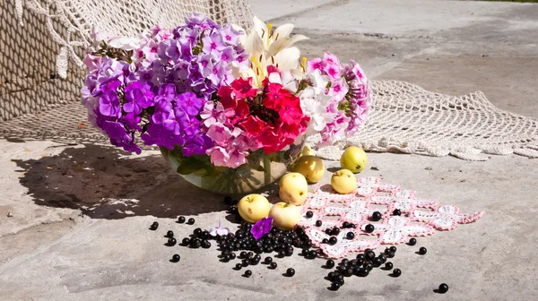 Phloxstrauß in einer Vase mit Äpfeln und schwarzen Beeren — Stockfoto