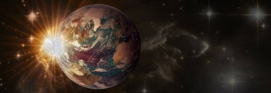 Lens ışığıyla gün doğumu. Güzel gezegen Dünya uzayda güneş ışınlarında fotokopi uzayı ve panoramik manzarayla. Bu görüntünün elementleri NASA tarafından desteklenmektedir.