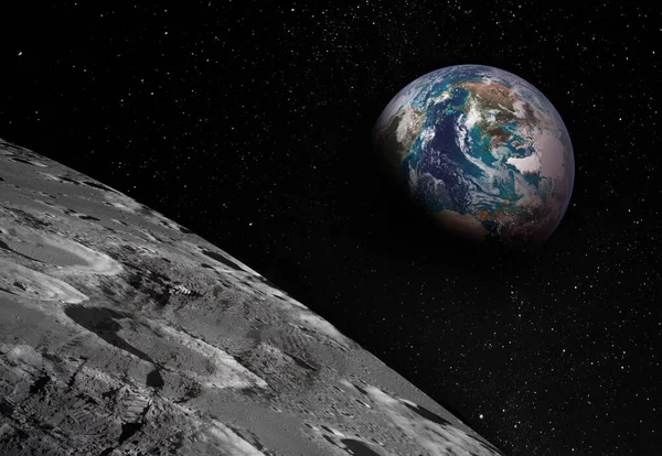 Vista Extremidad Lunar Con Tierra Elevándose Horizonte Huellas Como Evidencia — Foto de Stock