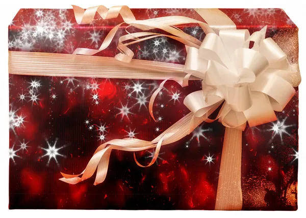 Geschenk Box Aus Geflecktem Rotem Papier Mit Schleife Und Schneeflocken — Stockfoto