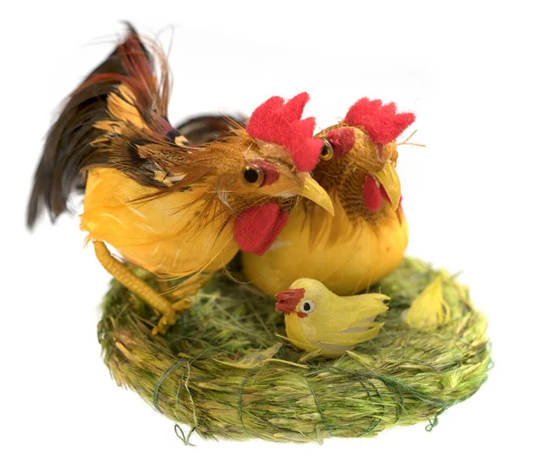 Rooster Hen Chick Nest Grass Easter Toy Isolated White Background — Stock Photo, Image