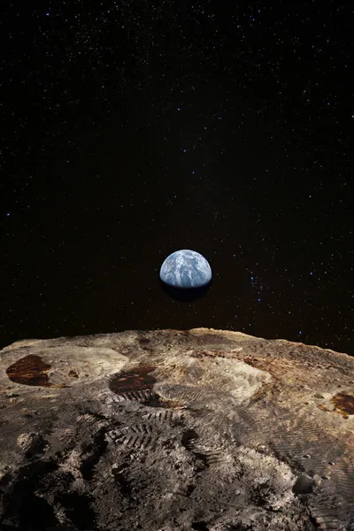 Footsteps Moon Surface Earth Rises Lunar Horizon Elements Image Furnished — Stock Photo, Image