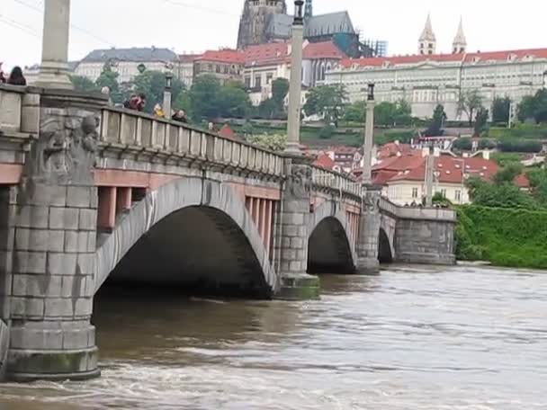 Enorme regenval veroorzaakt overstromingen in Praag - Tsjechische Republiek. Praagse burcht in de achtergrond. — Stockvideo