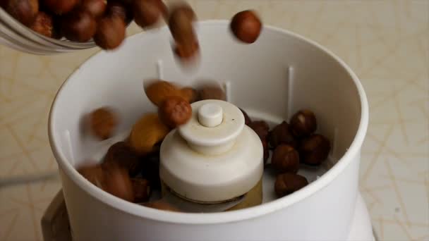 Προετοιμασία του αμύγδαλα και φουντούκια σε ένα μπλέντερ. αργή προτάσεις εικόνα. — Αρχείο Βίντεο