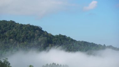 Sisin sabah dağların içinden geçişi. Kümülüs bulutları rüzgarı takip eder. Khao Kho 'daki sis, Phetchabun, Tayland