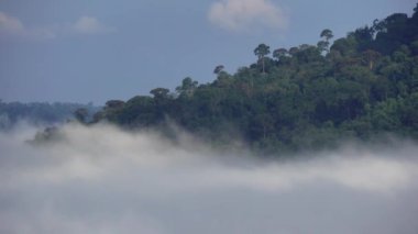 Sisin sabah dağların içinden geçişi. Kümülüs bulutları rüzgarı takip eder. Khao Kho 'daki sis, Phetchabun, Tayland