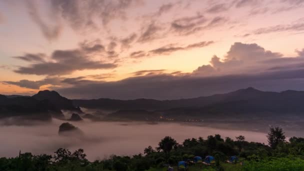 Morning Fog Eastern Side Saw Movement Orange Clouds Hitting Sun — Wideo stockowe