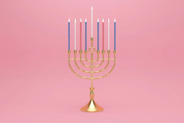 Απόδοση Εικόνα Εβραϊκής Γιορτής Hanukkah Μενόρα Παραδοσιακό Candelabra Ροζ Φόντο — Φωτογραφία Αρχείου