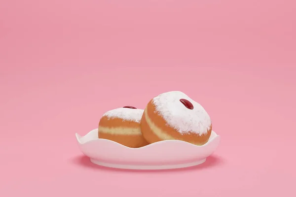 3D Pembe arka planda yahudi bayramı Hanuka resminin donutu.