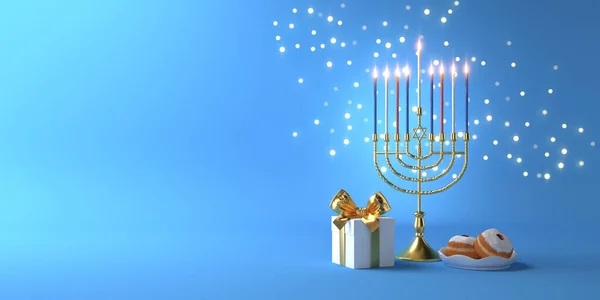 Rendering Image Jewish Holiday Hanukkah Menorah Traditional Candelabra Gif Box — Stock Photo, Image