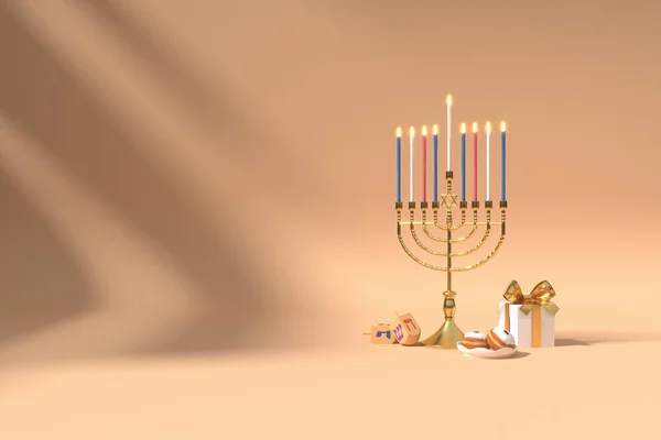 Rendering Image Jewish Holiday Hanukkah Menorah Traditional Candelabra Gif Box — Stock Photo, Image