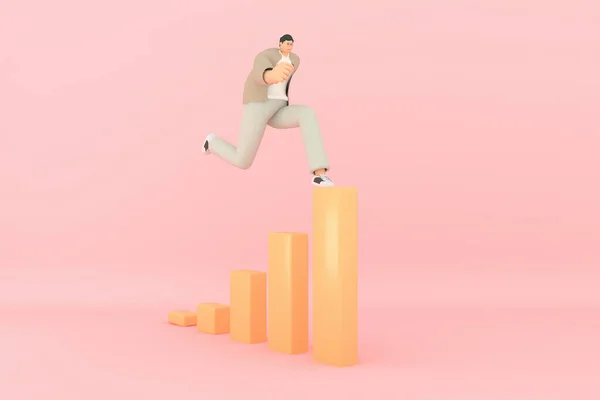 A man character running with The graph shows the stock up. 3d rendering of business models.