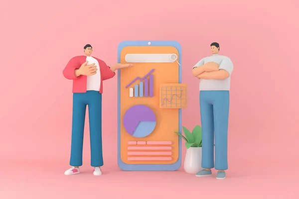 Dwie Postacie Męskie Prezentują Infografikę Ekranie Mobilnym Renderowanie Modeli Biznesowych Zdjęcia Stockowe bez tantiem