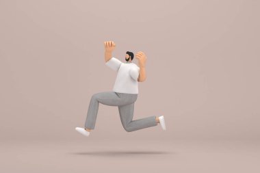 Gri kadife pantolon ve beyaz yakalı tişört giyen sakallı adam. Oyunculuktaki çizgi film karakterinin 3 boyutlu çizimi. Kaçıyor..