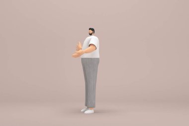 Gri kadife pantolon ve beyaz yakalı tişört giyen sakallı adam. O, konuşurken el ifadesidir. Oyunculuktaki çizgi film karakterinin 3d çizimi.